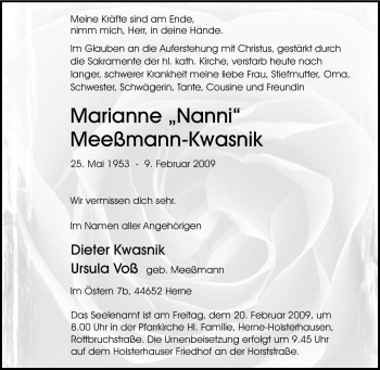 Traueranzeige von Marianne Meeßmann-Kwasnik von Tageszeitung