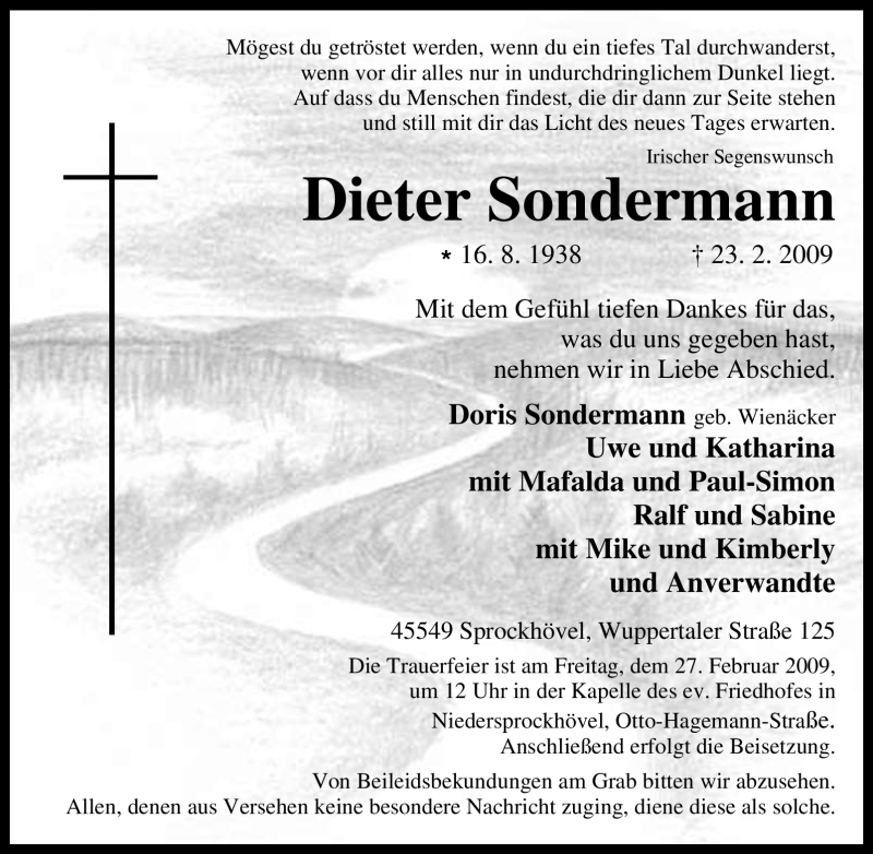  Traueranzeige für Dieter Sondermann vom 25.02.2009 aus Tageszeitung
