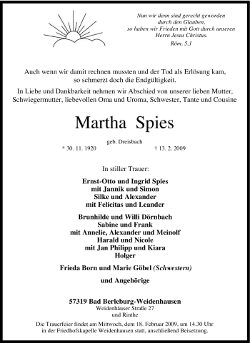 Traueranzeige von Martha Spies von Tageszeitung