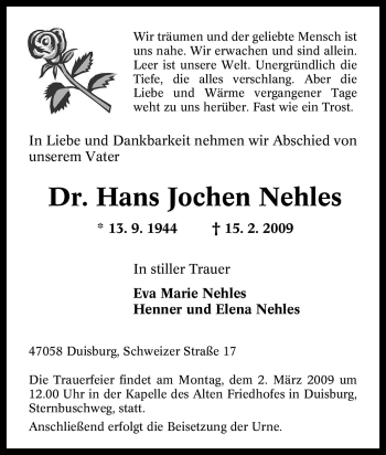 Traueranzeige von Hans Jochen Nehles von Tageszeitung