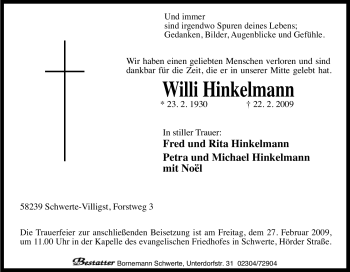 Traueranzeige von Willi Hinkelmann von Tageszeitung