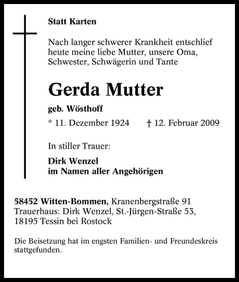 Traueranzeige von Gerda Mutter von Tageszeitung