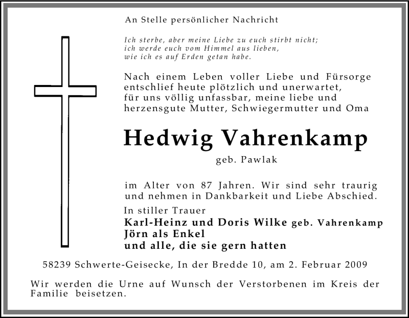  Traueranzeige für Hedwig Vahrenkamp vom 11.02.2009 aus Tageszeitung