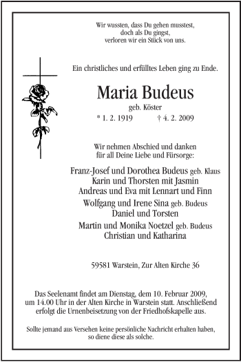 Traueranzeige von Maria Budeus von Tageszeitung