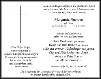 Traueranzeige von Margarete Bremme von Tageszeitung