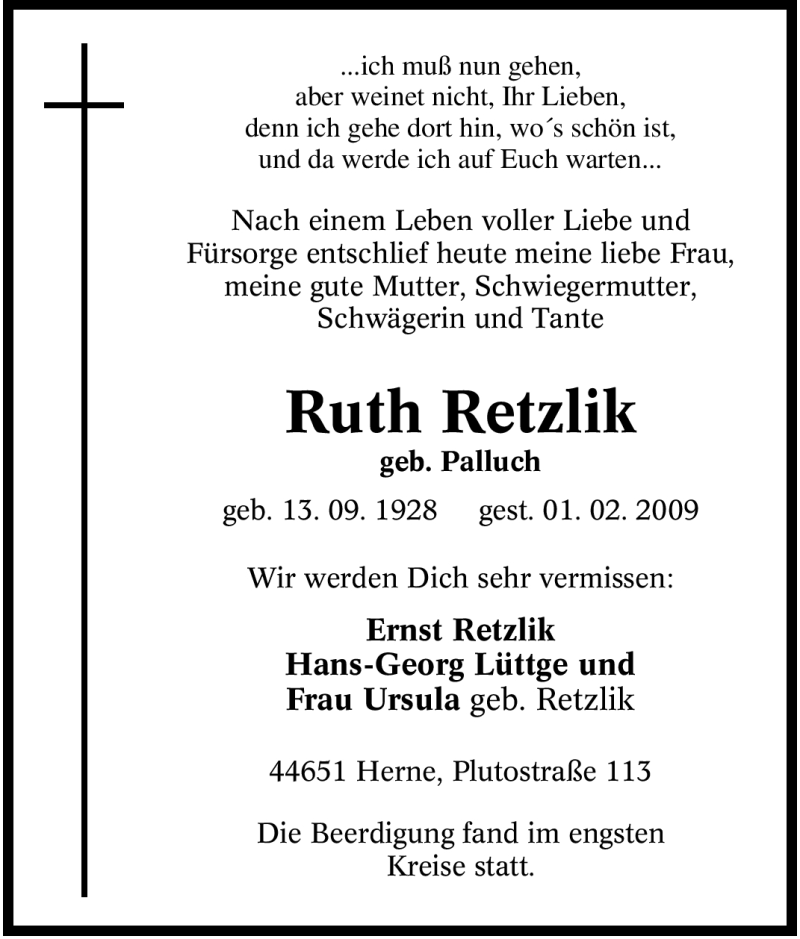  Traueranzeige für Ruth Retzlik vom 07.02.2009 aus Tageszeitung