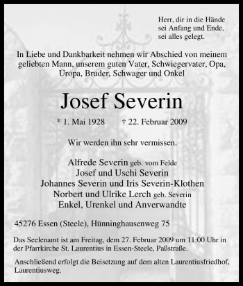 Traueranzeige von Josef Severin von Tageszeitung