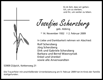 Traueranzeige von Josefine Scherzberg von Tageszeitung