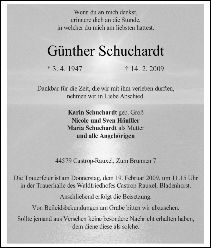  Traueranzeige für Günther Schuchardt vom 16.02.2009 aus Tageszeitung