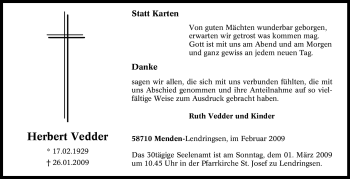 Traueranzeige von Herbert Vedder von Tageszeitung