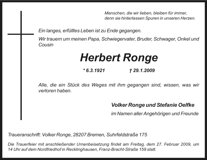  Traueranzeige für Herbert Ronge vom 21.02.2009 aus Tageszeitung
