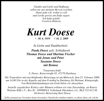 Traueranzeige von Kurt Doese von Tageszeitung