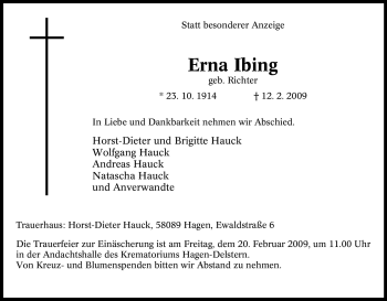 Traueranzeige von Erna Ibing von Tageszeitung