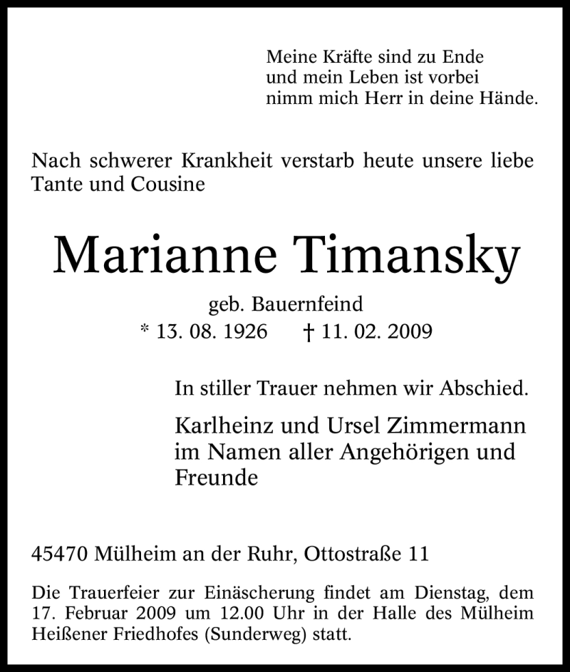  Traueranzeige für Marianne Timansky vom 13.02.2009 aus Tageszeitung