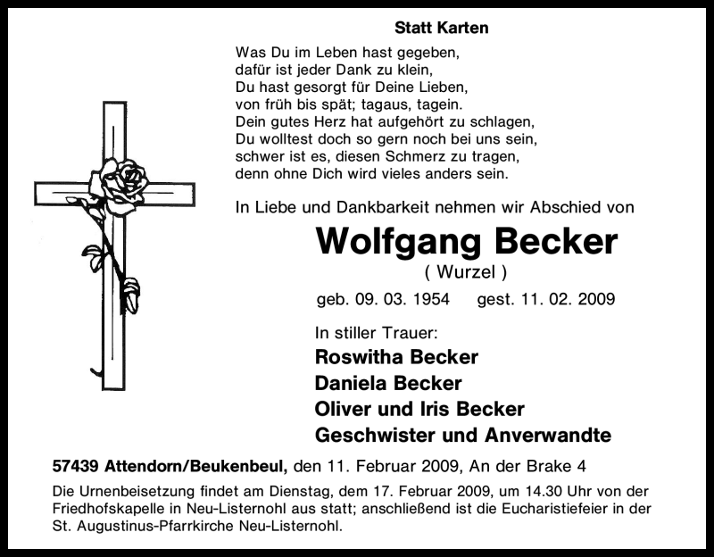 Traueranzeige für Wolfgang Becker vom 13.02.2009 aus Tageszeitung