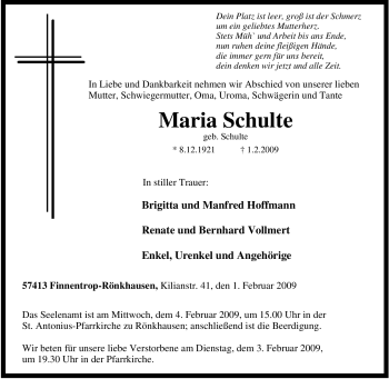 Traueranzeige von Maria Schulte von Tageszeitung