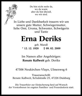 Traueranzeige von Erna Deriks von Tageszeitung