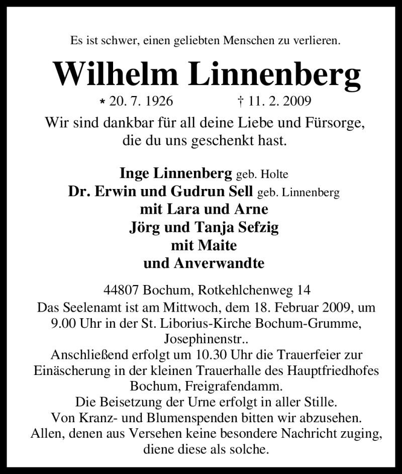  Traueranzeige für Wilhelm Linnenberg vom 13.02.2009 aus Tageszeitung