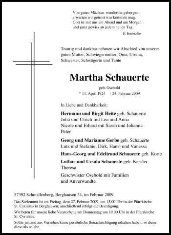 Traueranzeige von Martha Schauerte von Tageszeitung