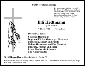 Traueranzeige von Elli Hedtmann von Tageszeitung