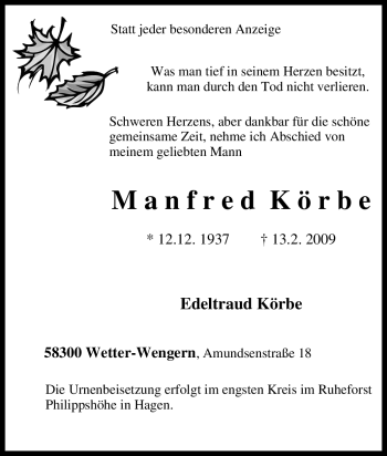 Traueranzeige von Manfred Körbe von Tageszeitung