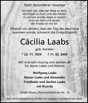 Traueranzeige von Cäcilia Laabs von Tageszeitung