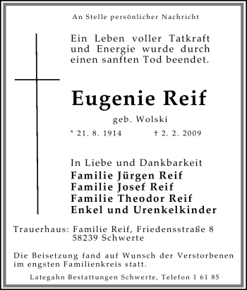 Traueranzeige von Eugenie Reif von Tageszeitung