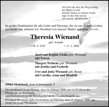 Traueranzeige von Theresia Wienand von Tageszeitung
