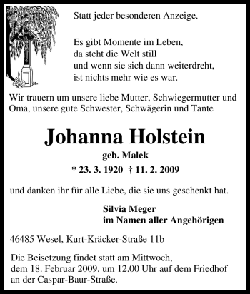 Traueranzeige von Johanna Holstein von Tageszeitung