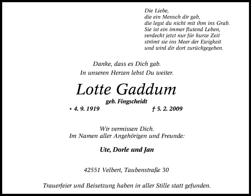 Traueranzeige für Lotte Gaddum vom 12.02.2009 aus Tageszeitung
