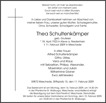 Traueranzeige von Thea Schultenkämper von Tageszeitung