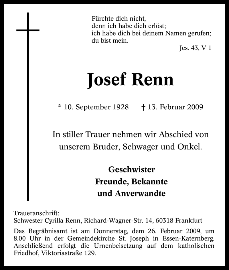  Traueranzeige für Josef Renn vom 21.02.2009 aus Tageszeitung