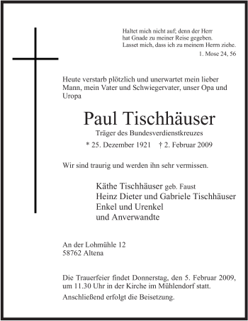 Traueranzeige von Paul Tischhäuser von Tageszeitung