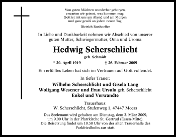 Traueranzeige von Hedwig Scherschlicht von Tageszeitung