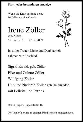 Traueranzeige von Irene Zöller von Tageszeitung