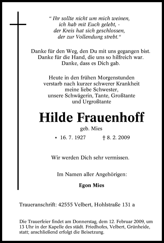  Traueranzeige für Hilde Frauenhoff vom 10.02.2009 aus Tageszeitung