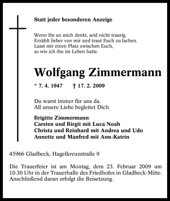 Traueranzeige von Wolfgang Zimmermann von Tageszeitung