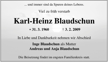 Traueranzeige von Karl-Heinz Blaudschun von Tageszeitung