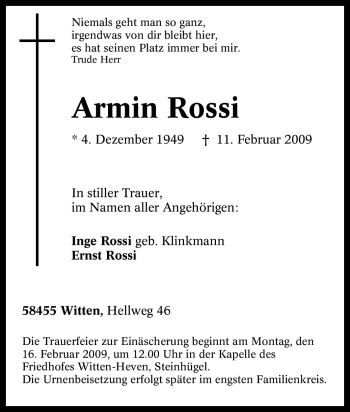 Traueranzeige von Armin Rossi von Tageszeitung