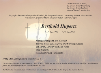 Traueranzeige von Berthold Hupertz von Tageszeitung