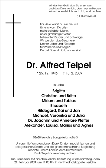 Traueranzeige von Alfred Teipel von Tageszeitung