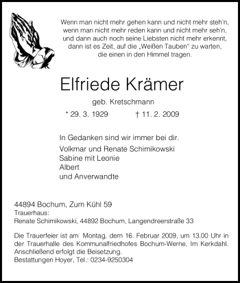 Traueranzeige von Elfriede Krämer von Tageszeitung