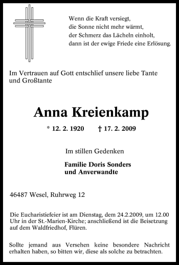 Traueranzeige von Anna Kreienkamp von Tageszeitung
