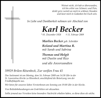 Traueranzeige von Karl Becker von Tageszeitung