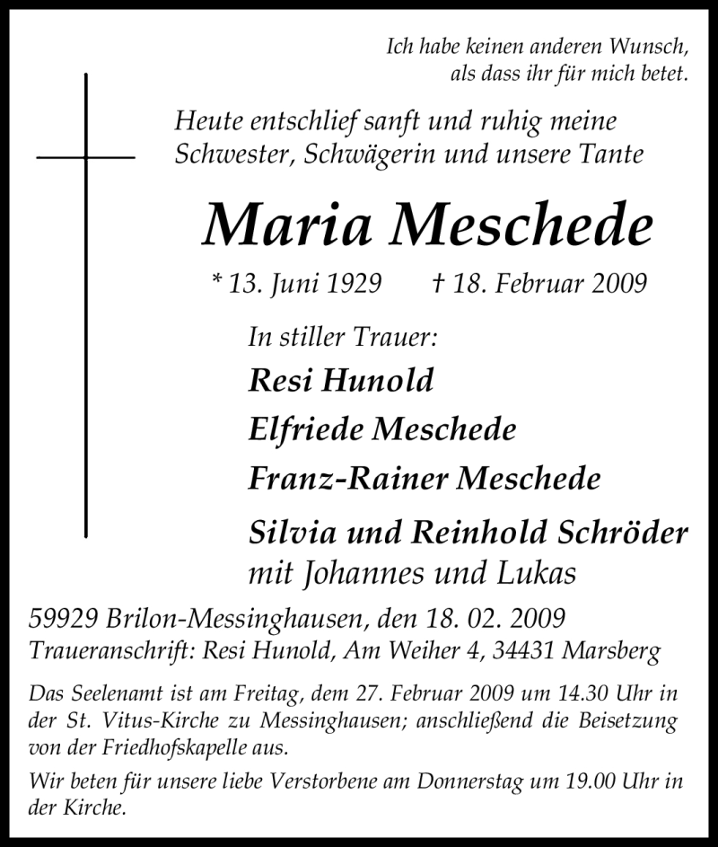  Traueranzeige für Maria Meschede vom 20.02.2009 aus Tageszeitung