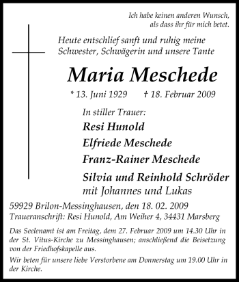 Traueranzeige von Maria Meschede von Tageszeitung