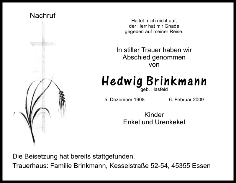  Traueranzeige für Hedwig Brinkmann vom 12.02.2009 aus Tageszeitung