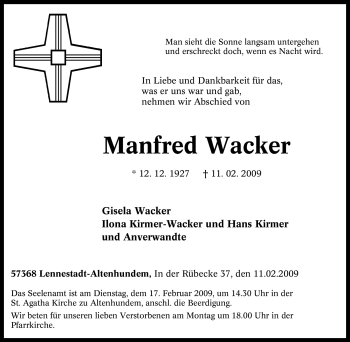 Traueranzeige von Manfred Wacker von Tageszeitung