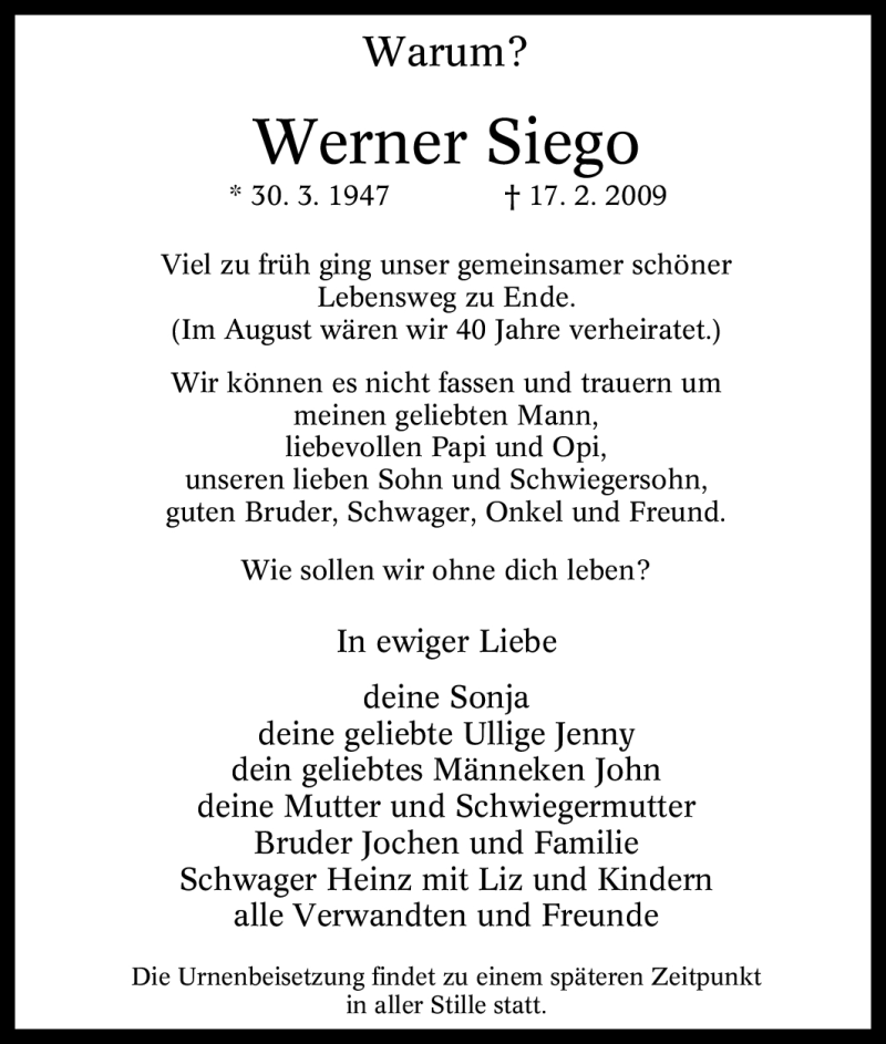  Traueranzeige für Werner Siego vom 20.02.2009 aus Tageszeitung