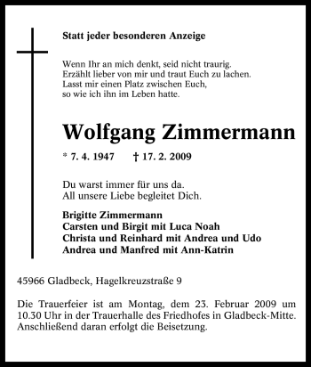 Traueranzeige von Wolfgang Zimmermann von Tageszeitung